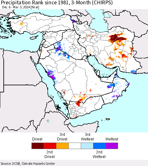 Middle East and Turkey Precipitation Rank since 1981, 3-Month (CHIRPS) Thematic Map For 12/6/2023 - 3/5/2024