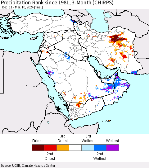 Middle East and Turkey Precipitation Rank since 1981, 3-Month (CHIRPS) Thematic Map For 12/11/2023 - 3/10/2024