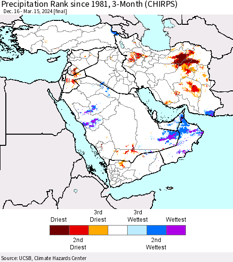 Middle East and Turkey Precipitation Rank since 1981, 3-Month (CHIRPS) Thematic Map For 12/16/2023 - 3/15/2024