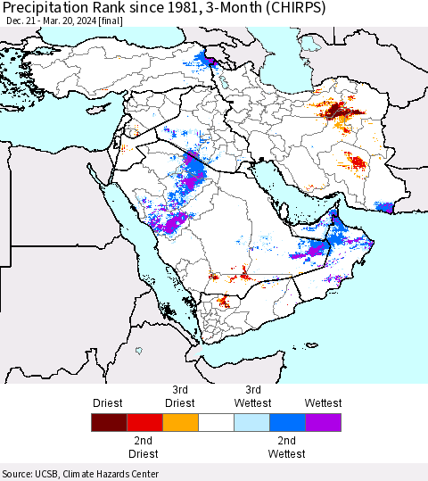 Middle East and Turkey Precipitation Rank since 1981, 3-Month (CHIRPS) Thematic Map For 12/21/2023 - 3/20/2024