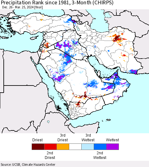Middle East and Turkey Precipitation Rank since 1981, 3-Month (CHIRPS) Thematic Map For 12/26/2023 - 3/25/2024