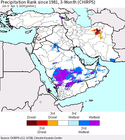 Middle East and Turkey Precipitation Rank since 1981, 3-Month (CHIRPS) Thematic Map For 1/6/2024 - 4/5/2024