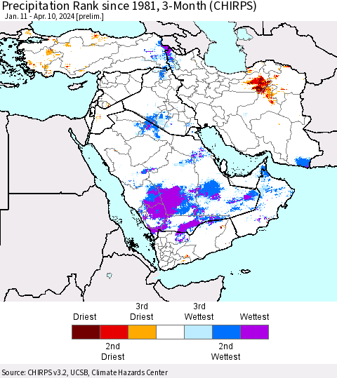 Middle East and Turkey Precipitation Rank since 1981, 3-Month (CHIRPS) Thematic Map For 1/11/2024 - 4/10/2024