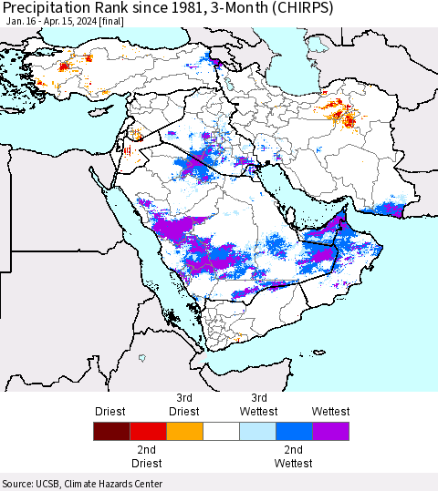 Middle East and Turkey Precipitation Rank since 1981, 3-Month (CHIRPS) Thematic Map For 1/16/2024 - 4/15/2024