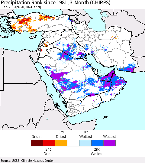 Middle East and Turkey Precipitation Rank since 1981, 3-Month (CHIRPS) Thematic Map For 1/21/2024 - 4/20/2024
