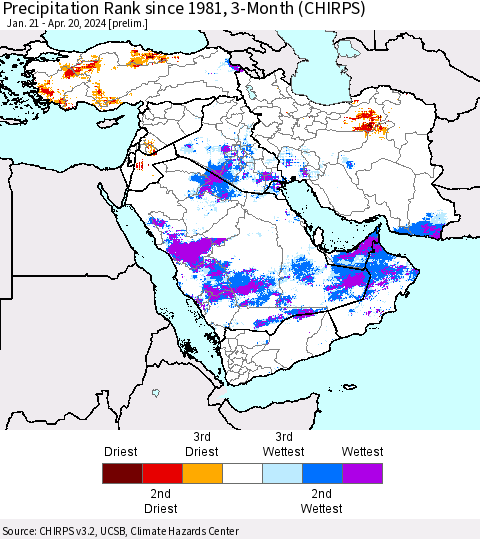 Middle East and Turkey Precipitation Rank since 1981, 3-Month (CHIRPS) Thematic Map For 1/21/2024 - 4/20/2024
