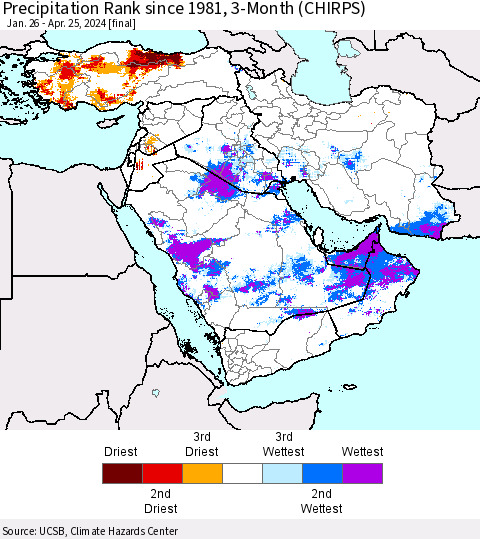 Middle East and Turkey Precipitation Rank since 1981, 3-Month (CHIRPS) Thematic Map For 1/26/2024 - 4/25/2024