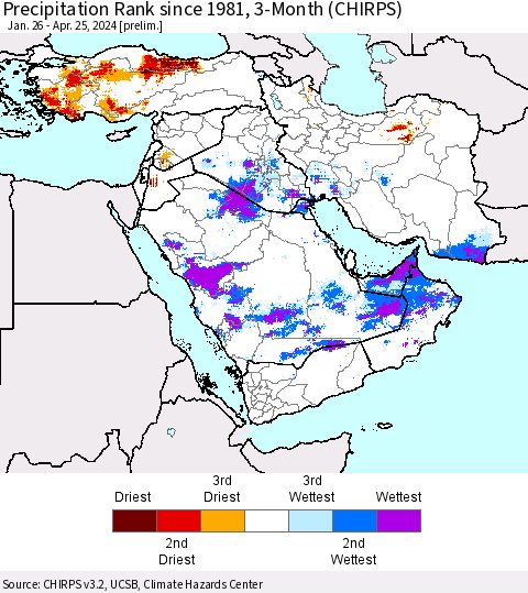 Middle East and Turkey Precipitation Rank since 1981, 3-Month (CHIRPS) Thematic Map For 1/26/2024 - 4/25/2024