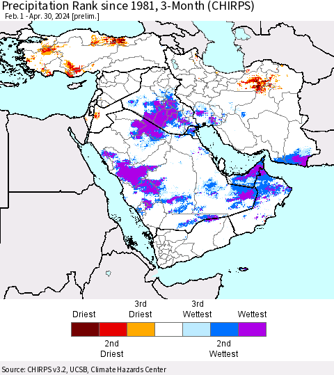 Middle East and Turkey Precipitation Rank since 1981, 3-Month (CHIRPS) Thematic Map For 2/1/2024 - 4/30/2024