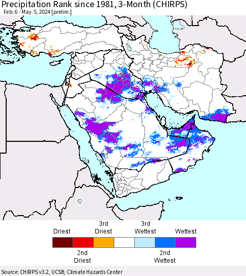 Middle East and Turkey Precipitation Rank since 1981, 3-Month (CHIRPS) Thematic Map For 2/6/2024 - 5/5/2024