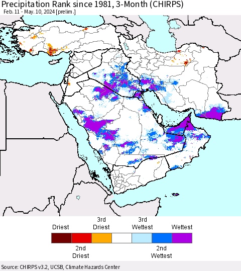Middle East and Turkey Precipitation Rank since 1981, 3-Month (CHIRPS) Thematic Map For 2/11/2024 - 5/10/2024