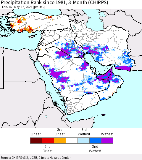 Middle East and Turkey Precipitation Rank since 1981, 3-Month (CHIRPS) Thematic Map For 2/16/2024 - 5/15/2024