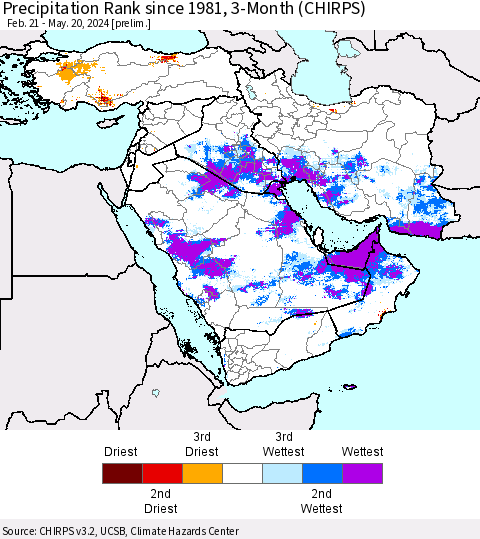 Middle East and Turkey Precipitation Rank since 1981, 3-Month (CHIRPS) Thematic Map For 2/21/2024 - 5/20/2024