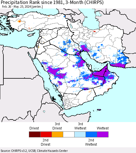 Middle East and Turkey Precipitation Rank since 1981, 3-Month (CHIRPS) Thematic Map For 2/26/2024 - 5/25/2024