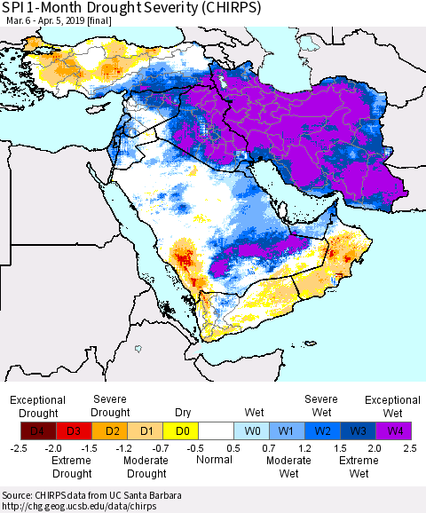 Middle East and Turkey SPI 1-Month Drought Severity (CHIRPS) Thematic Map For 3/6/2019 - 4/5/2019
