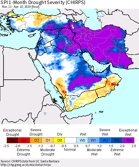 Middle East and Turkey SPI 1-Month Drought Severity (CHIRPS) Thematic Map For 3/11/2019 - 4/10/2019
