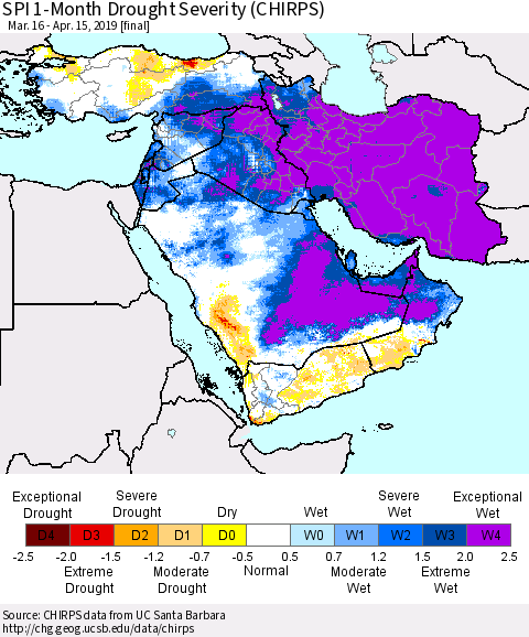 Middle East and Turkey SPI 1-Month Drought Severity (CHIRPS) Thematic Map For 3/16/2019 - 4/15/2019