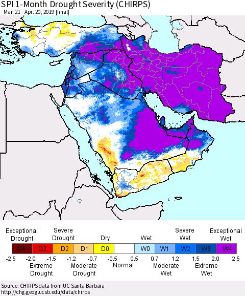 Middle East and Turkey SPI 1-Month Drought Severity (CHIRPS) Thematic Map For 3/21/2019 - 4/20/2019