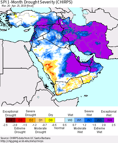 Middle East and Turkey SPI 1-Month Drought Severity (CHIRPS) Thematic Map For 3/26/2019 - 4/25/2019