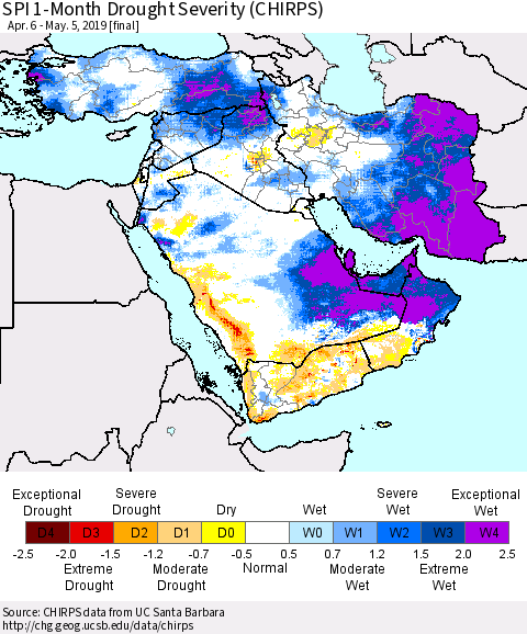 Middle East and Turkey SPI 1-Month Drought Severity (CHIRPS) Thematic Map For 4/6/2019 - 5/5/2019