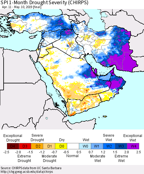Middle East and Turkey SPI 1-Month Drought Severity (CHIRPS) Thematic Map For 4/11/2019 - 5/10/2019