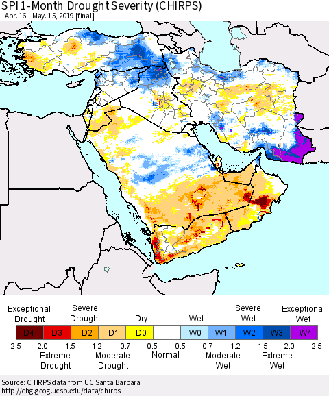 Middle East and Turkey SPI 1-Month Drought Severity (CHIRPS) Thematic Map For 4/16/2019 - 5/15/2019
