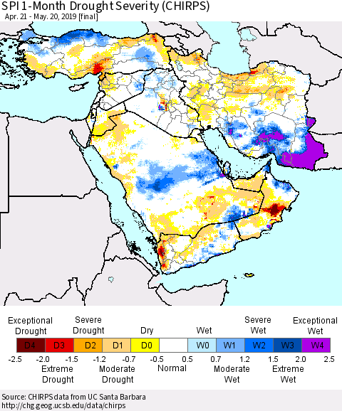 Middle East and Turkey SPI 1-Month Drought Severity (CHIRPS) Thematic Map For 4/21/2019 - 5/20/2019