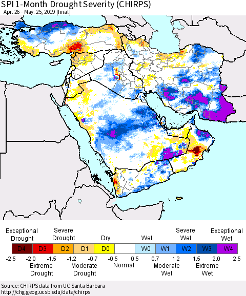 Middle East and Turkey SPI 1-Month Drought Severity (CHIRPS) Thematic Map For 4/26/2019 - 5/25/2019