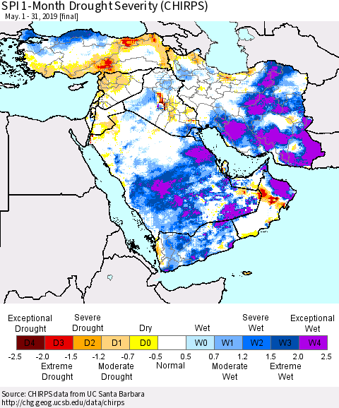 Middle East and Turkey SPI 1-Month Drought Severity (CHIRPS) Thematic Map For 5/1/2019 - 5/31/2019