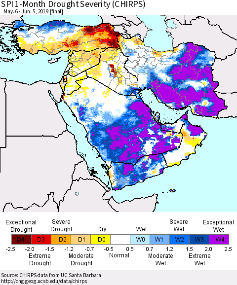 Middle East and Turkey SPI 1-Month Drought Severity (CHIRPS) Thematic Map For 5/6/2019 - 6/5/2019