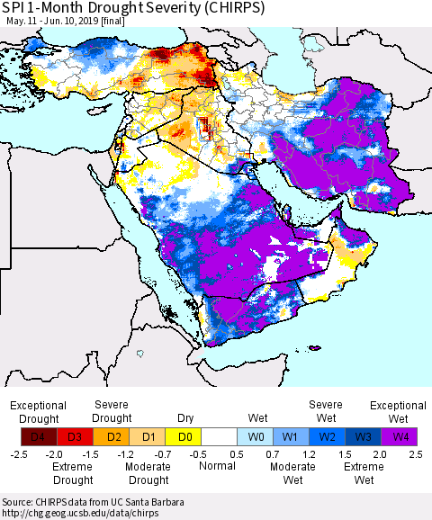 Middle East and Turkey SPI 1-Month Drought Severity (CHIRPS) Thematic Map For 5/11/2019 - 6/10/2019