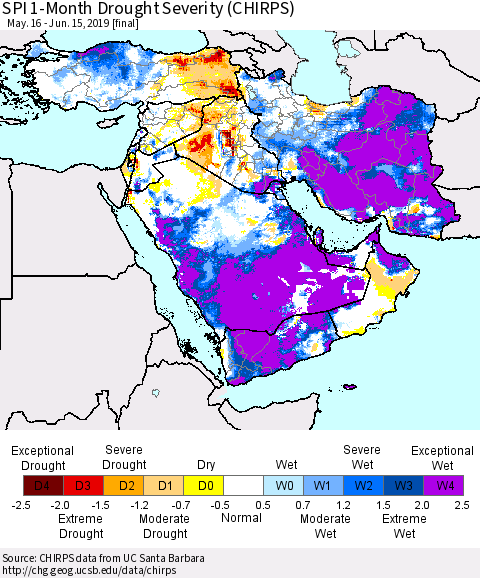 Middle East and Turkey SPI 1-Month Drought Severity (CHIRPS) Thematic Map For 5/16/2019 - 6/15/2019