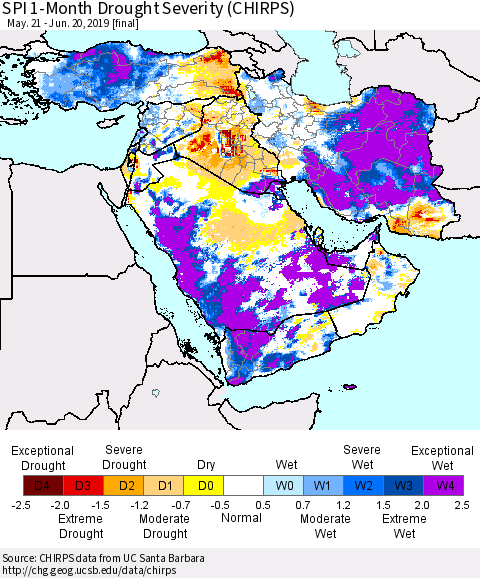 Middle East and Turkey SPI 1-Month Drought Severity (CHIRPS) Thematic Map For 5/21/2019 - 6/20/2019