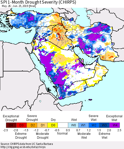 Middle East and Turkey SPI 1-Month Drought Severity (CHIRPS) Thematic Map For 5/26/2019 - 6/25/2019
