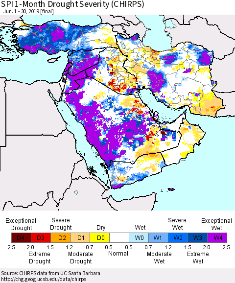 Middle East and Turkey SPI 1-Month Drought Severity (CHIRPS) Thematic Map For 6/1/2019 - 6/30/2019