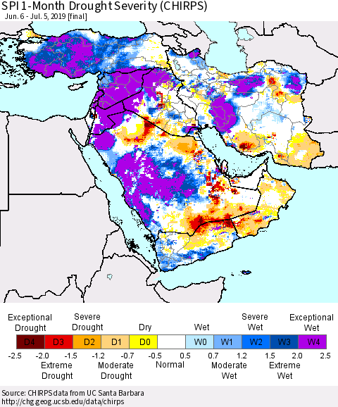Middle East and Turkey SPI 1-Month Drought Severity (CHIRPS) Thematic Map For 6/6/2019 - 7/5/2019