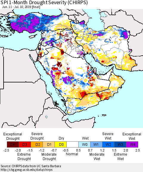 Middle East and Turkey SPI 1-Month Drought Severity (CHIRPS) Thematic Map For 6/11/2019 - 7/10/2019