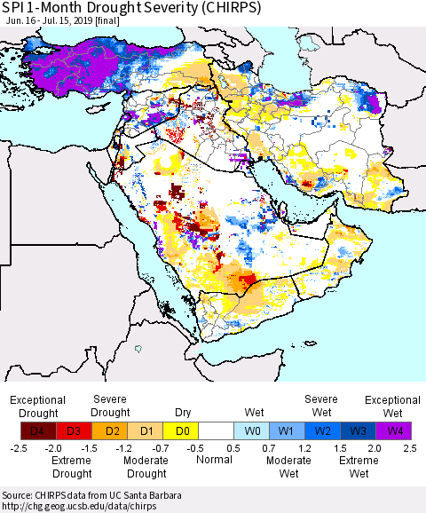 Middle East and Turkey SPI 1-Month Drought Severity (CHIRPS) Thematic Map For 6/16/2019 - 7/15/2019