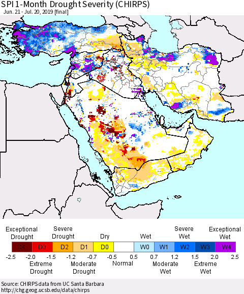 Middle East and Turkey SPI 1-Month Drought Severity (CHIRPS) Thematic Map For 6/21/2019 - 7/20/2019