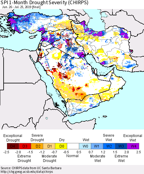 Middle East and Turkey SPI 1-Month Drought Severity (CHIRPS) Thematic Map For 6/26/2019 - 7/25/2019