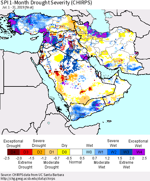 Middle East and Turkey SPI 1-Month Drought Severity (CHIRPS) Thematic Map For 7/1/2019 - 7/31/2019