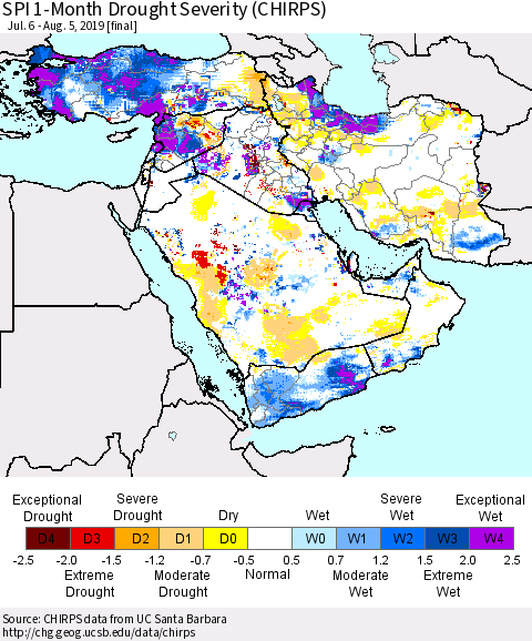 Middle East and Turkey SPI 1-Month Drought Severity (CHIRPS) Thematic Map For 7/6/2019 - 8/5/2019
