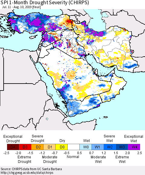 Middle East and Turkey SPI 1-Month Drought Severity (CHIRPS) Thematic Map For 7/11/2019 - 8/10/2019