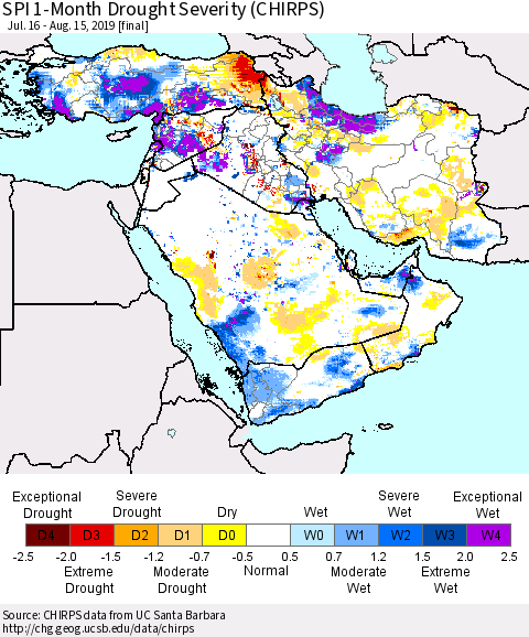 Middle East and Turkey SPI 1-Month Drought Severity (CHIRPS) Thematic Map For 7/16/2019 - 8/15/2019