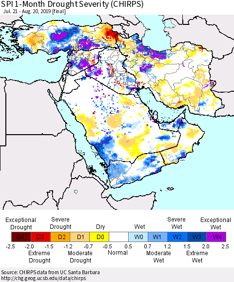 Middle East and Turkey SPI 1-Month Drought Severity (CHIRPS) Thematic Map For 7/21/2019 - 8/20/2019
