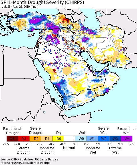 Middle East and Turkey SPI 1-Month Drought Severity (CHIRPS) Thematic Map For 7/26/2019 - 8/25/2019