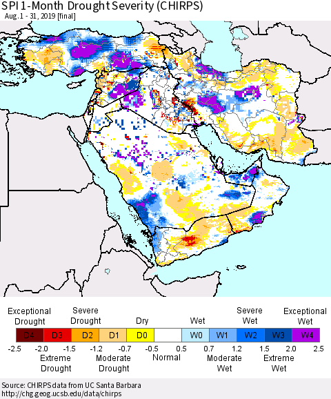 Middle East and Turkey SPI 1-Month Drought Severity (CHIRPS) Thematic Map For 8/1/2019 - 8/31/2019