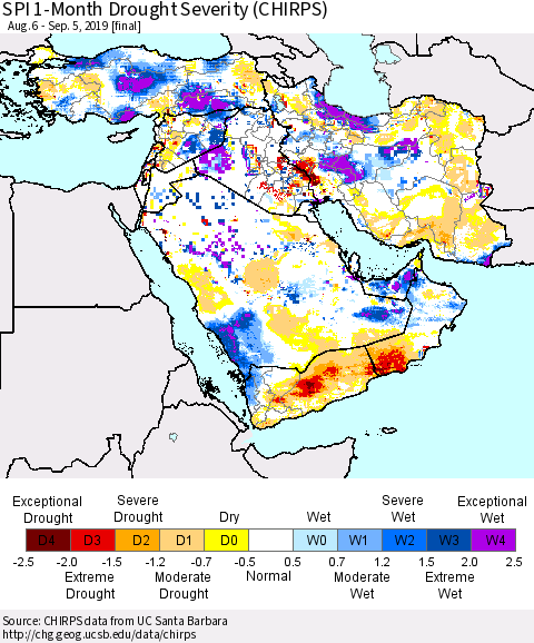 Middle East and Turkey SPI 1-Month Drought Severity (CHIRPS) Thematic Map For 8/6/2019 - 9/5/2019