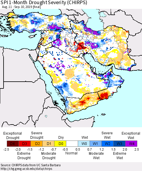 Middle East and Turkey SPI 1-Month Drought Severity (CHIRPS) Thematic Map For 8/11/2019 - 9/10/2019