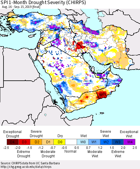 Middle East and Turkey SPI 1-Month Drought Severity (CHIRPS) Thematic Map For 8/16/2019 - 9/15/2019